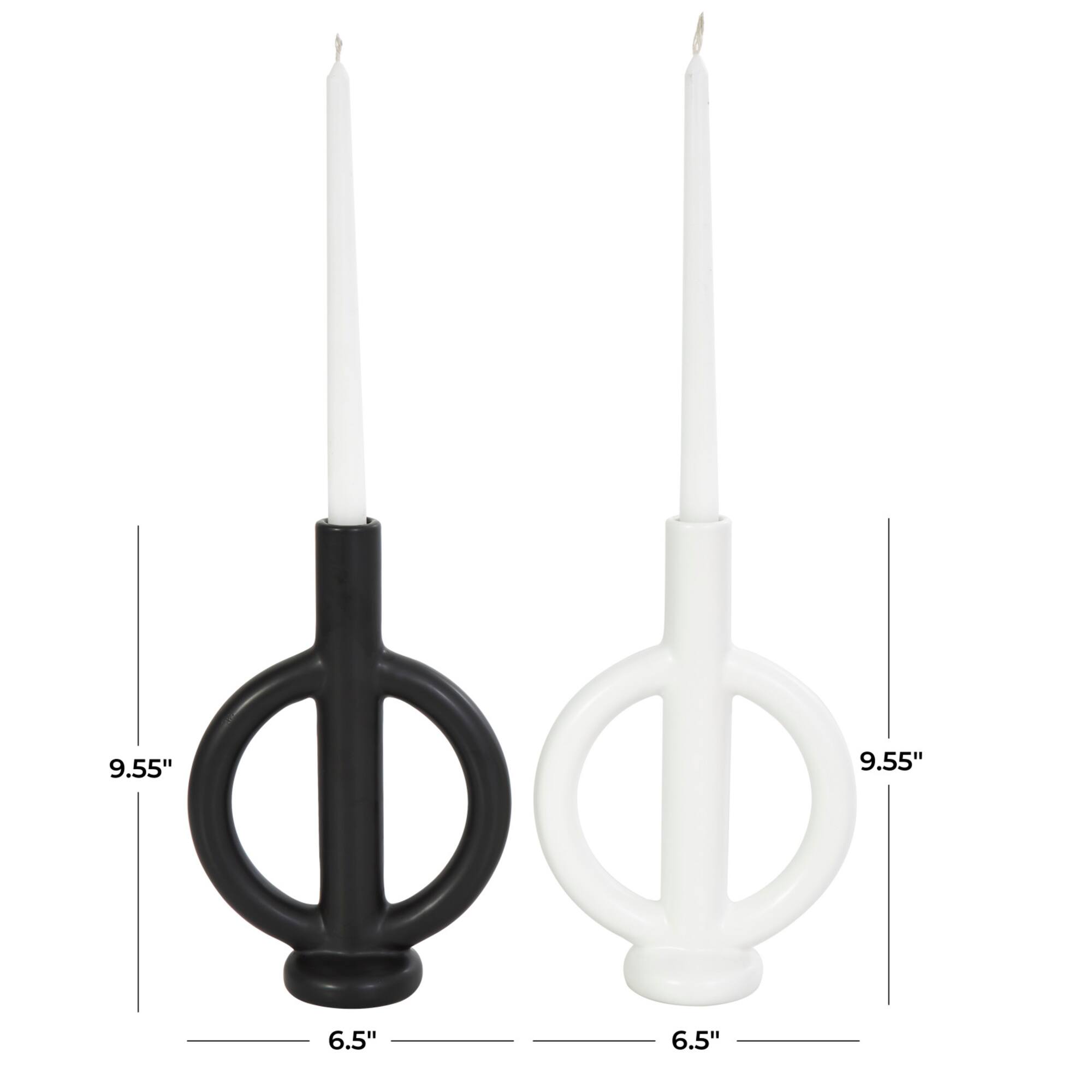 CosmoLiving by Cosmopolitan 10" Black & White Ceramic Geometric Ring Taper Candle Holder Set